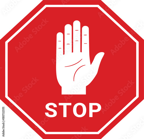 Classic red octagon stop sign with white hand icon, symbolizing warning, prohibition, and important safety messages.
