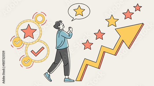 Ambitious young man transforming negative thoughts into glowing 2D positive icons of success, hope and determination