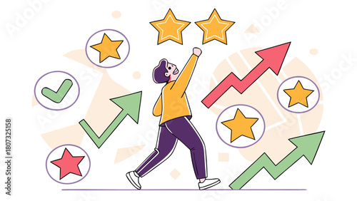 Ambitious young man transforming  thoughts into glowing 2D positive icons of success, hope and determination