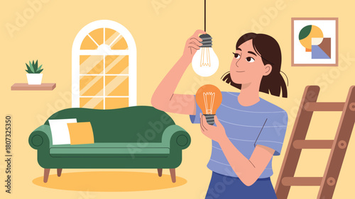 A person is changing a light bulb in a room with a ladder and a sofa.