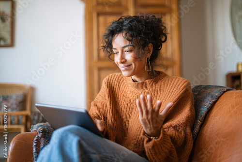 Woman in online therapy session at home