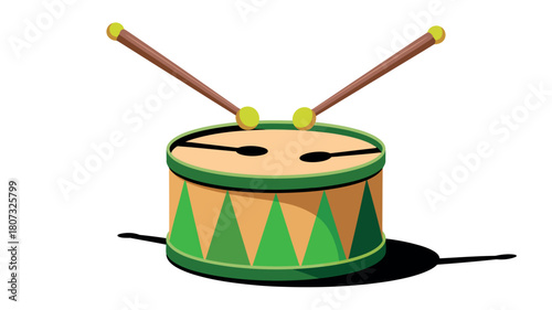 A colorful toy drum with two drumsticks rests on a white background.