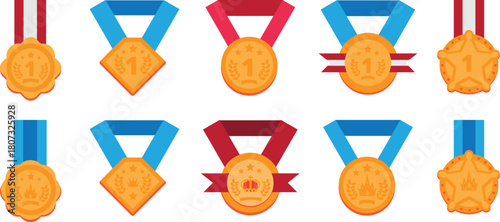 Set of Gold Medals with Colorful Ribbon