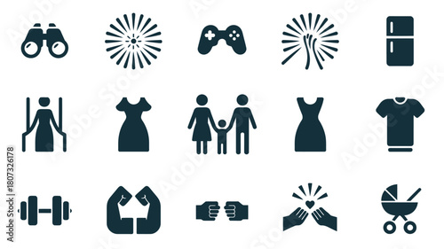 A collection of diverse lifestyle and family icons represents various aspects of modern life.