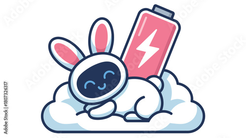 A cute cartoon bunny lies on a cloud next to a battery icon indicating full charge.