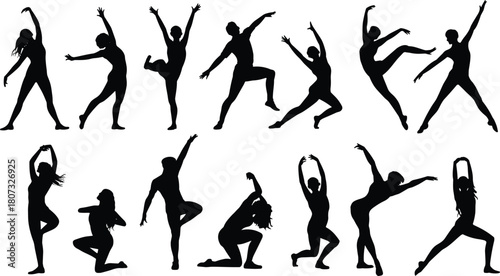 Dancers and fitness people silhouette vector set, men and women stretching and posing, active body figures collection isolated black.