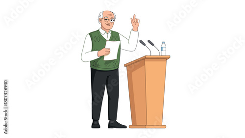 An elderly man stands at a podium, holding papers and speaking to an audience.