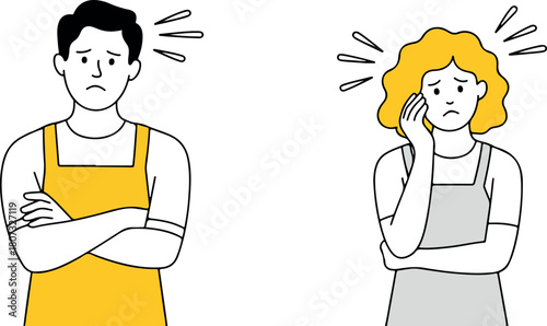 Cartoon couple with worried expressions wearing aprons suggests stress or difficulty with a transparent background
