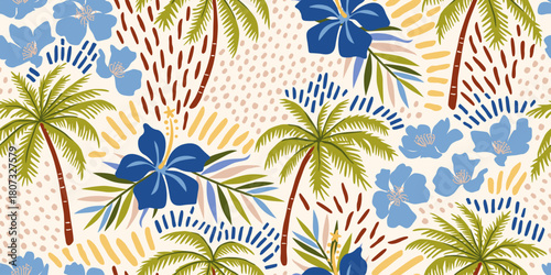 Tropical seamless pattern with hand drawn palm trees. Hawaiian florals summer background for fabric, textiles, clothing, poster, cover, decoration, banner, wallpaper, interior. Vector illustration.