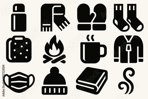 Body Warmth Icons. Body Warmth bold vector icon set: thermos, scarf, mittens, socks, heat pack, fire pit, cocoa mug, jacket zip, face mask, wool hat, blanket, steam swirl.