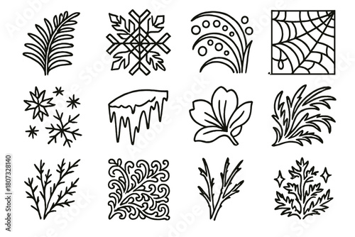 Frosty Crystal Patterns. Frost Formations outline icon set: fern-like frost, window crystals, frozen dew drops, ice web pattern, star-shaped snowflakes, icy rim, frozen petal,