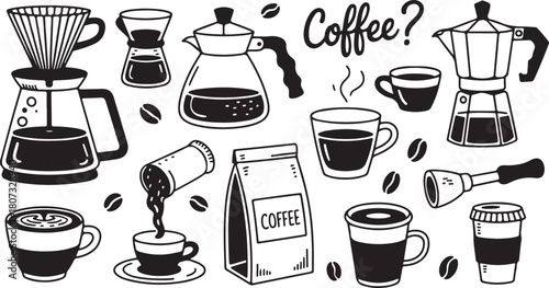 Coffee doodle line art shows coffee beans, cups, and coffee making equipment on white