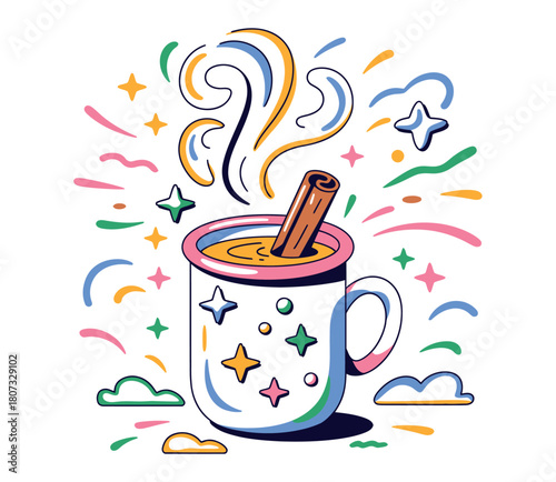 A steaming mug of a warm beverage with a cinnamon stick is decorated with colorful swirls and stars.