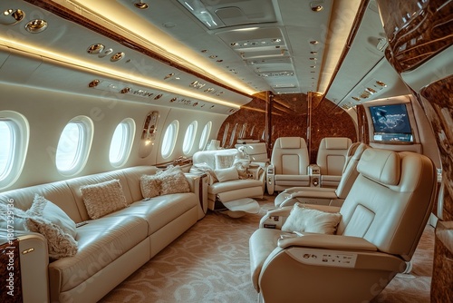 Luxurious interior of a private jet featuring plush leather seats, elegant decor, and large windows. The ambiance is warm and inviting, ideal for high-end travel.