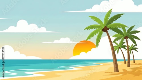 Peaceful Cartoon Tropical Beach Scene with Palm Trees at Sunset.