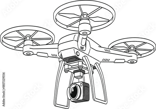 Black and white vector illustration of a drone with propeller guards and camera, isolated line art for aerial technology design on white background