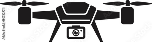 Black silhouette vector illustration of a quadcopter drone with camera, isolated aerial technology icon for surveillance and design on white background
