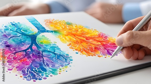 Colorful Watercolor Illustration of Lungs with Vibrant Detail