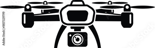 Black silhouette vector illustration of a quadcopter drone with camera, isolated front view aerial technology icon for design on white background