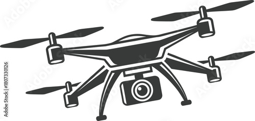 Drone with camera silhouette vector illustration, flying quadcopter icon isolated on white background, remote control technology design element, monochrome aerial robot.