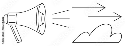 Megaphone projecting sound waves symbolized by arrows toward a cloud shape. Ideal for communication, advertising, broadcasting, leadership, announcements, public relations, awareness. Simple flat