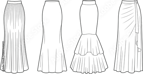 Long elegant skirt fashion templates, technical flat sketches of multiple women’s designs, vector apparel illustration for sewing patterns, garment construction, fashion design projects