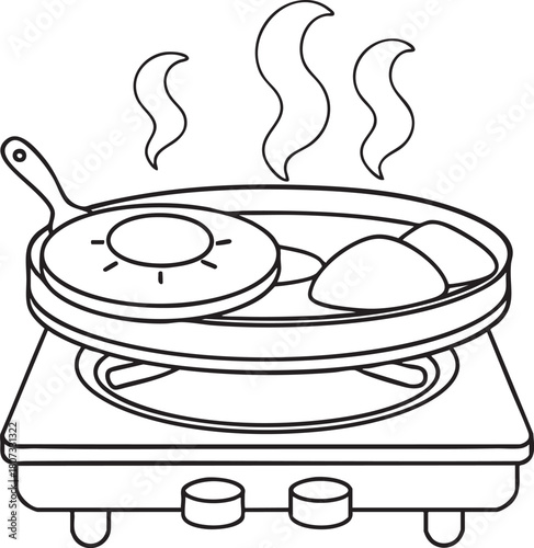 Pan with egg breakfast cooking line art illustration with steam rising for morning meal and food concept design