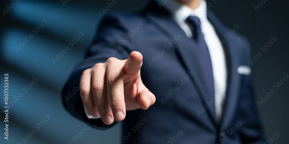 Fototapeta premium Businessman in dark suit pointing finger forward with blurred background 