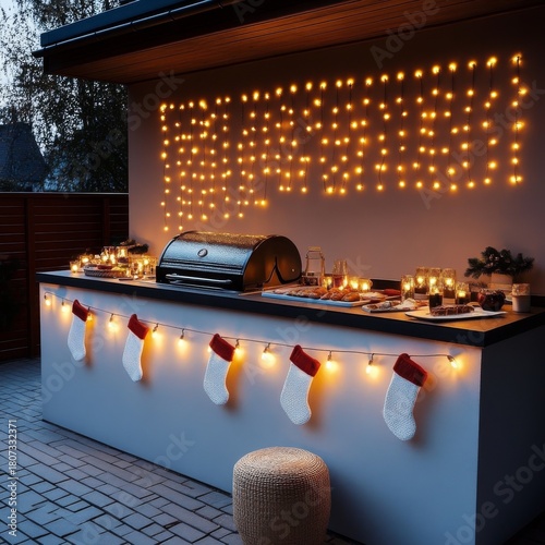 Festive Outdoor Kitchen with Christmas Stockings and Lights, holiday , grilling