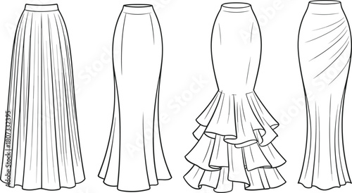 Long elegant skirt fashion templates, technical flat sketches of various women’s designs, vector apparel illustration for sewing patterns, garment construction and fashion design