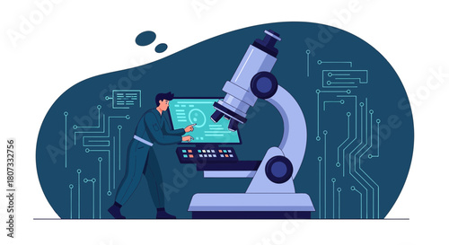 Modern microscopic examination with digital interface and laboratory technician interaction research