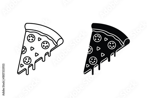 Pizza slice icon set isolated on italian food fast food black and white outline vector illustration pepperoni, cheese, tomato