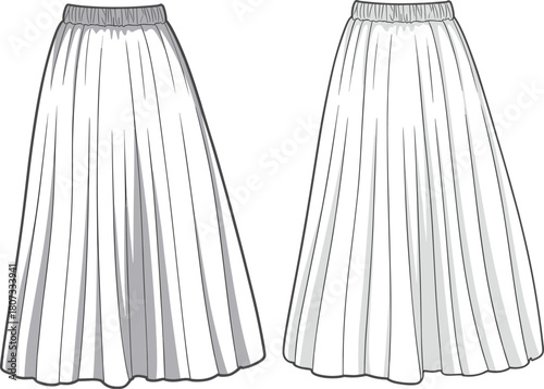 Pleated midi skirt fashion template, front and back technical sketch, women’s apparel design, vector clothing illustration for pattern making and fashion designers