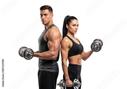 Fototapeta Naklejka Na Ścianę i Meble -  Muscular man and woman lifting dumbbells isolated on transparent background