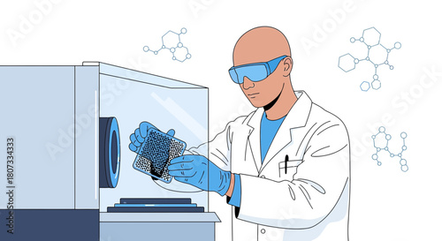 Scientist analyzing sample in laboratory environment with molecular diagrams illustration