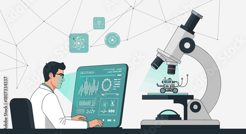 Scientist analyzing robot's data on digital interface, using microscope for nanotechnology research