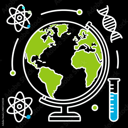 Vector illustration of a globe surrounded by science symbols like atom, DNA, and test tube in bold outline style