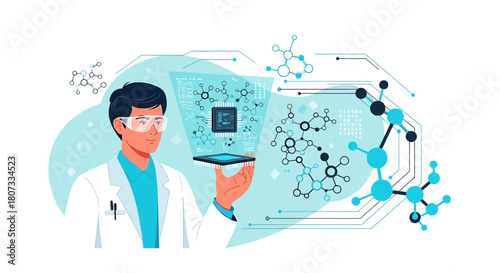 Scientist examines molecular structures with microchip technology innovation concept