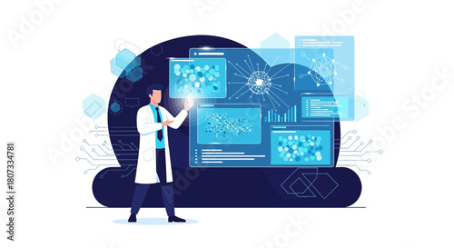 Scientist interacting with digital interfaces displays data analysis and research advancement