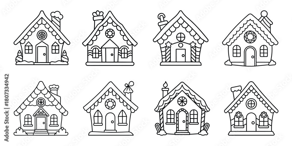 Obraz premium Gingerbread House Vector Set Cute Christmas Cookie Houses Line Art Collection