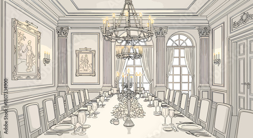 Elegant Formal Dining Room with Long Table Set for a Grand Feast, Crystal Chandeliers and Artwork Decor