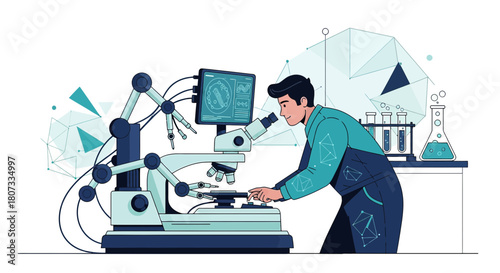 Scientist observing sample with technologically advanced microscope and robotic arm in laboratory