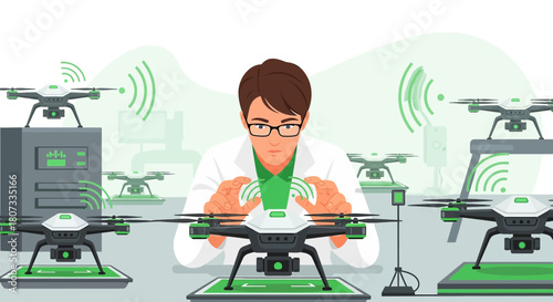 Scientist overseeing drone technology development in a modern research facility showcasing
