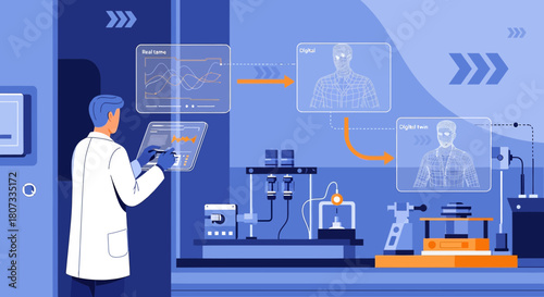 Scientist operating technological instruments in a futuristic laboratory setting for innovative
