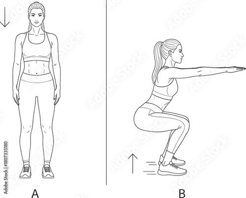 Woman performing bodyweight squat exercise with correct form, illustrating fitness routine and strength training techniques.