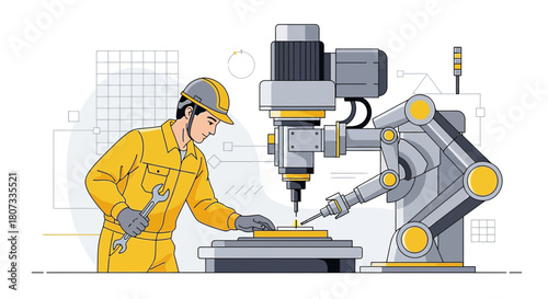 Technician oversees automated metalworking process with robotic arm for precise fabrication