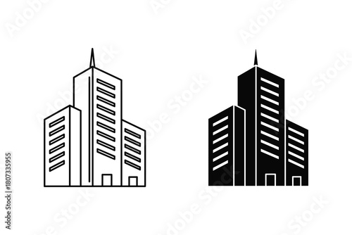 A comparison of building icons, one in outline and one in solid fill, isolated on