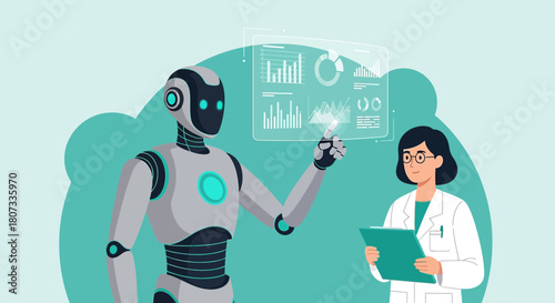 The future of medicine, with a robot doctor and human assistant exploring medical data analytics