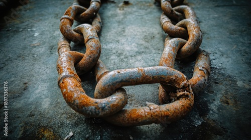 Close up of rusted and fused metal chain links showing weathered texture and industrial detail