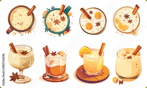 Set of glass of eggnog with cinnamon stick, star anise, festive holiday drink, isolated on white background. Vector illustration of traditional winter cocktail on white background